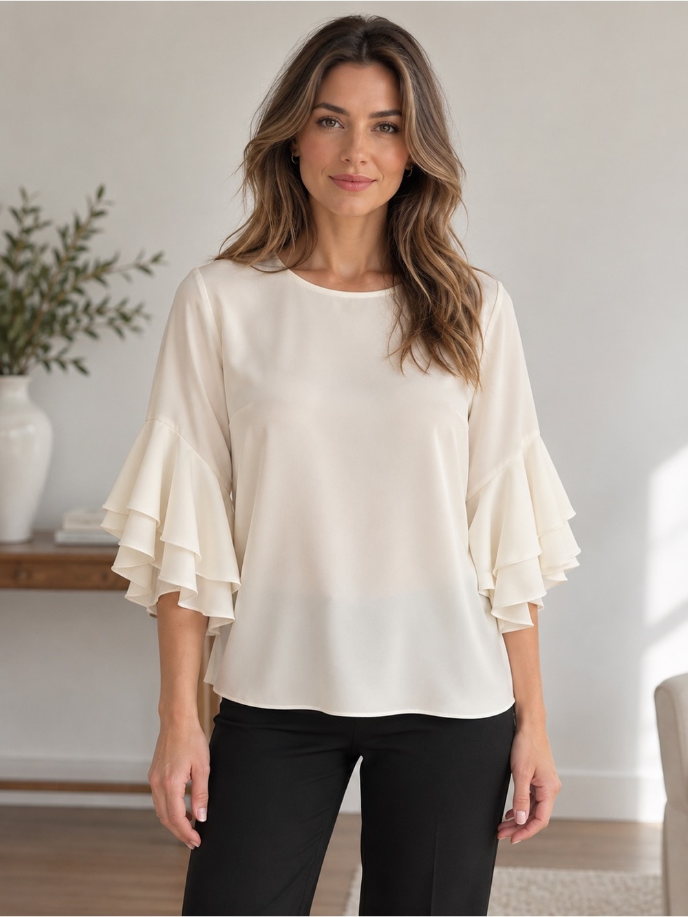 Karl Lagerfeld Paris Ivory Ruffle Sleeve Blouse - Flowy - Elegant - Size M